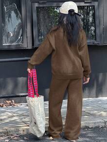 DAZY 少女休闲落肩毛衣套装 - 棕色 - 查看 2