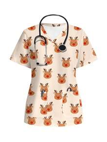 PopScrub Christmas Reindeer Print Scrub Uniform Top - Multicolor - View 1
