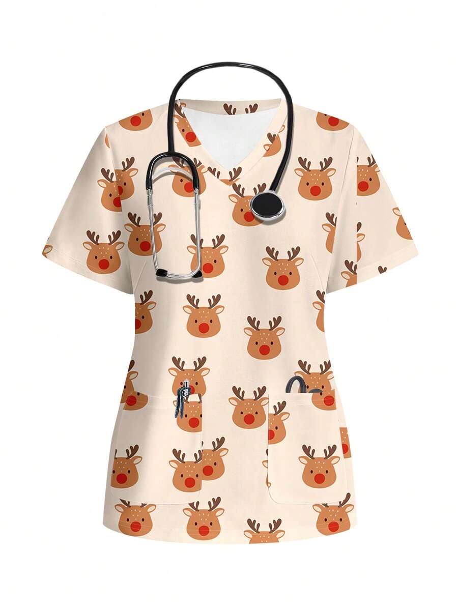 PopScrub Christmas Reindeer Print Scrub Uniform Top - Multicolor - View 1