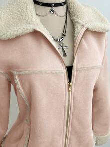 Elamini 棕色绒面革保暖内衬仿羊羔绒领翻领拉链口袋落肩长袖宽松外套，时尚街头风复古优雅高端简约设计，适合休闲、外出、约会、秋冬季穿着。 - 粉色 - 查看 6