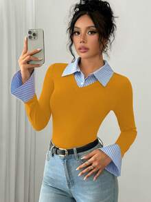 SHEIN Clasi 优雅通勤紧身AB拼接翻领喇叭袖长袖半开襟针织条纹多色T恤，女款，秋冬印花T恤，春季女式上衣 - 黃色 - 查看 6