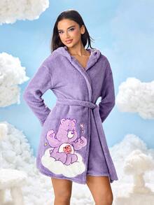 SHEIN X Care Bears Women's Cute Cartoon Bear Embroidered Pattern Dropped Shoulder Loose Hooded Belted Teddy Fleece Robe, Autumn/Winter - Mauve Purple - View 5
