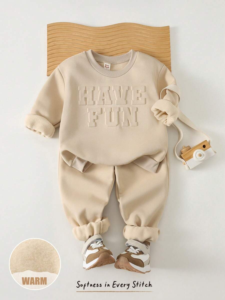 Cozy Pixies 2 Stücke/Set Jungen Trainingsanzug, geprägtes Buchstaben-Grafik-Sweatshirt mit Rundhalsausschnitt und Langarm sowie Jogginghose mit elastischem Bund, bequemer, lässiger Grundausstattung für Innen, Außen, Lässig, Schule, Sport, Party, Festival, geeignet für Herbst/Winter