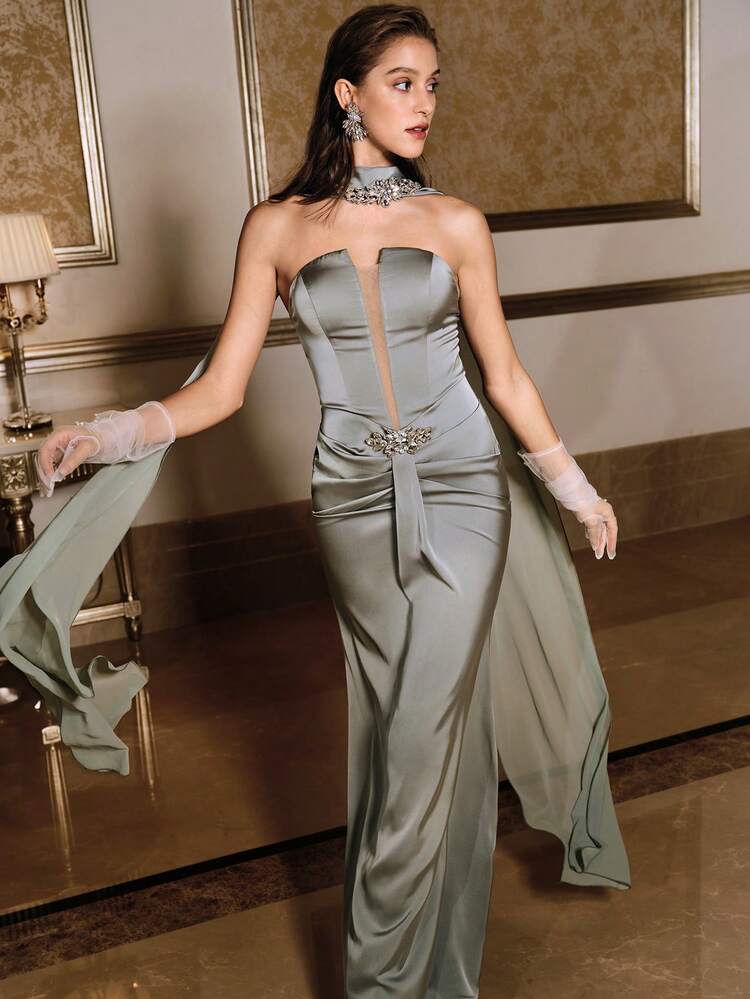 MOTF Soiréza VESTIDO DE FIESTA DE SATÉN CON CAPA SIN TIRANTES, LARGO HASTA EL SUELO, CON ADORNOS DE RHINESTONE, PARA EVENTOS FORMALES Y GALAS DE OTOÑO/INVIERNO