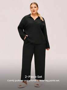 LUVLETTE Autumn And Winter Plus Size Women Soft Cotton Waffle Basic Long-Sleeve & Long Pants Loungewear 2 Piece Pajama Set With Pockets Lingerie Pants With Pockets Fall Pajamas - Black - View 9
