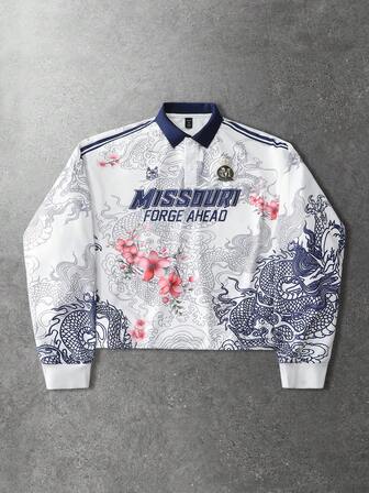 Street Life Men's Letter & Floral Dragon Print Loose Fit Sports Polo Long Sleeve T-Shirt
