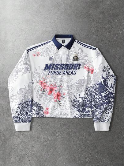 Street Life Men's Letter & Floral Dragon Print Loose Fit Sports Polo Long Sleeve T-Shirt