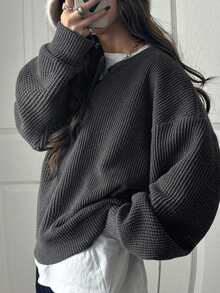 FRIFUL 女士纯色圆领纽扣前襟落肩长袖宽松休闲套头卫衣，秋冬款 - 淺灰色 - 查看 7