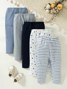 SHEIN Playful Pals 5条装男女通用婴儿条纹星形印花裤，舒适休闲裤 - 軍綠色 - 查看 2