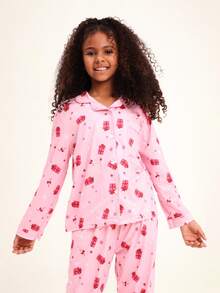 SUMWON Girls Pajama Set Long Sleeve Button Down Christmas Holiday Gift Present Print Sleepwear Winter For Casual And Vacation - Pink - View 3