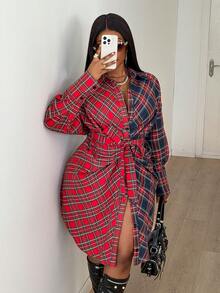Maweii 大码女式格子拼接荷叶边腰身A字休闲连衣裙，百搭通勤风，春、秋、冬必备单品 - 彩色 - 查看 1