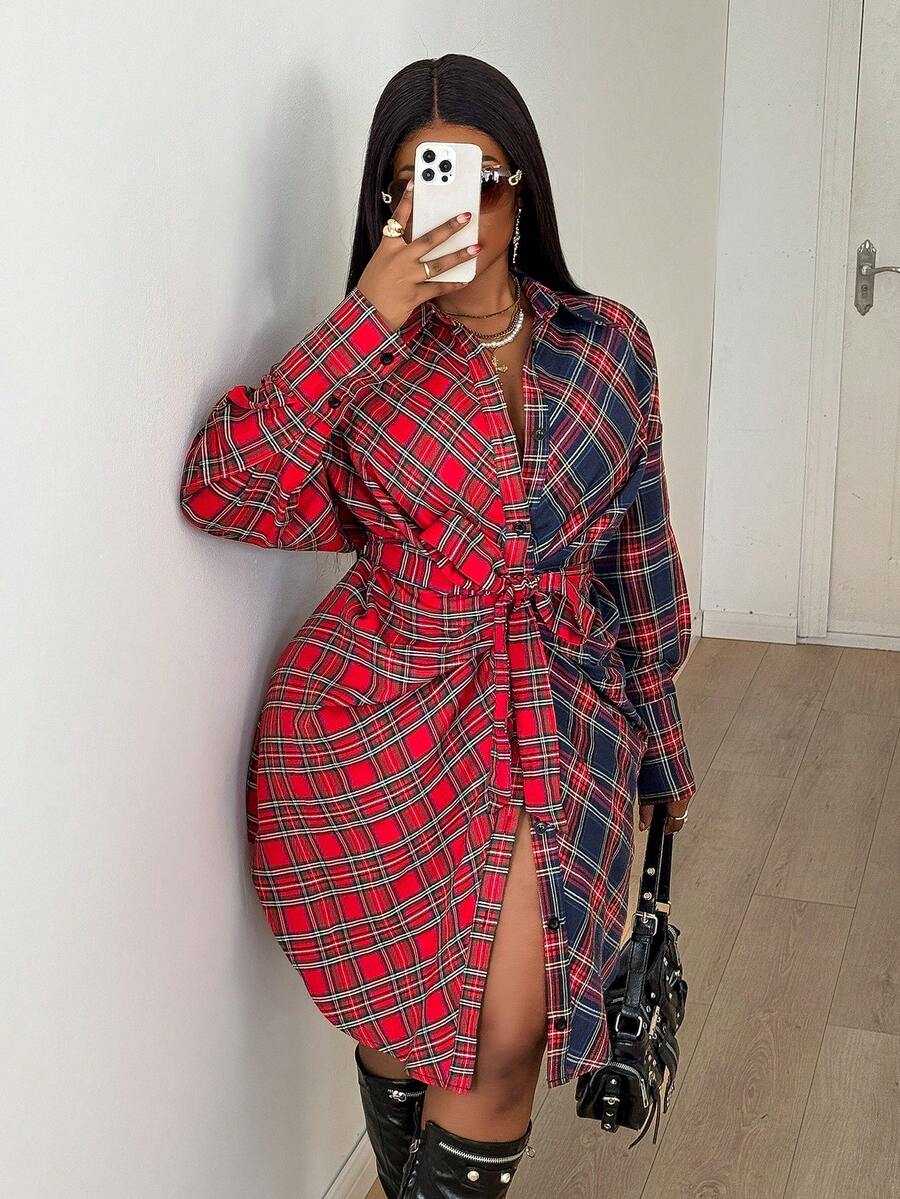 Maweii 大码女式格子拼接荷叶边腰身A字休闲连衣裙，百搭通勤风，春、秋、冬必备单品 - 彩色 - 查看 1