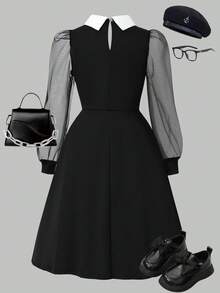 Sparklyn Girls' Pearl Decor Mesh Sleeve Shirt Collar Dress, Suitable For Vacation, Elegant Gala, Back To School Or Halloween - Black - View 2