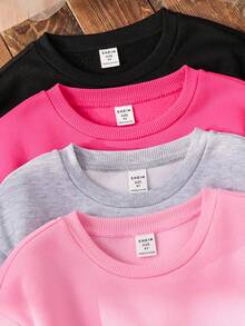 SHEIN Emery Rose Kids 4件套女童纯色保暖长袖卫衣，秋冬季百搭姐妹装卫衣套装，少女纯色卫衣，青少年可爱纯色卫衣 - 玫紅色 - 查看 5