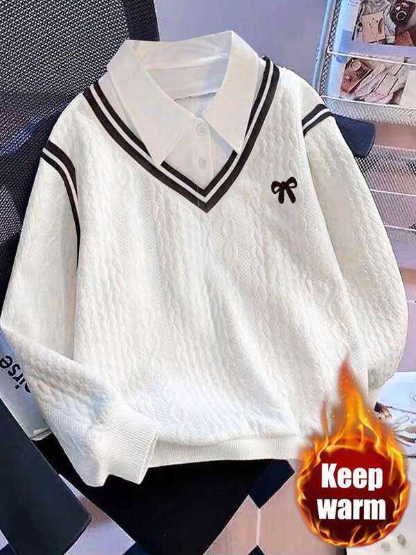 Resyla Plus Size Women Jacquard Knit Collared Casual Sweatshirt, Sporty College Style