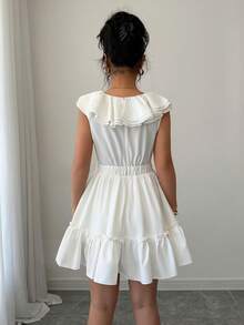 Chiquease Low Neck Fashionable Casual Ruffle Layered Waist Fitted Flared A-Line Dress - White - View 2