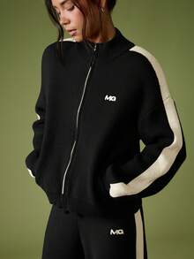 MISSGUIDED Knitted Zip Up Cardigan With Embroidered Logo Stripe Detail Long Sleeve Casual Sweater Jacket - Black - View 1
