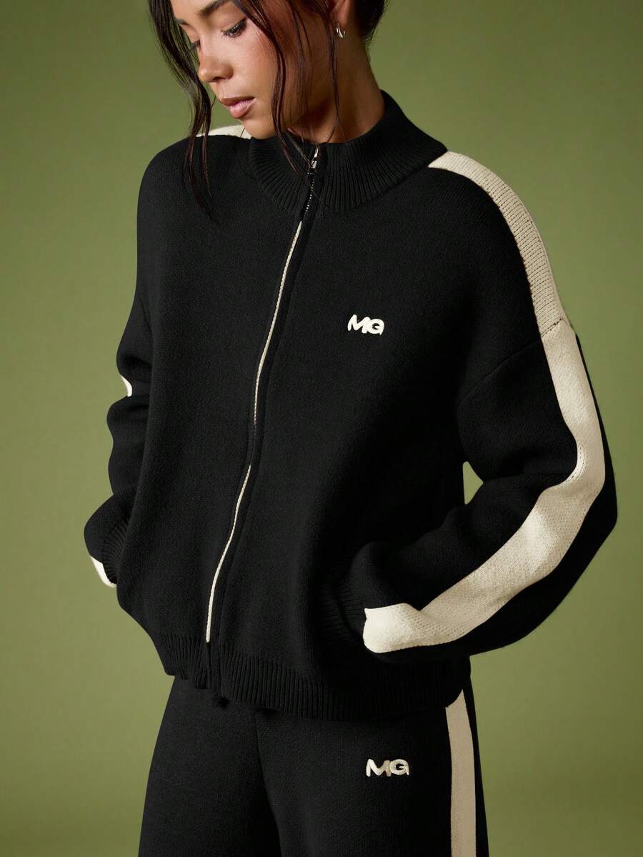 MISSGUIDED Knitted Zip Up Cardigan With Embroidered Logo Stripe Detail Long Sleeve Casual Sweater Jacket - Black - View 1