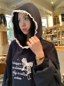 DAZY 女士纯色韩版英文字母印花卫衣连帽衫 - 藍色 - 查看 6