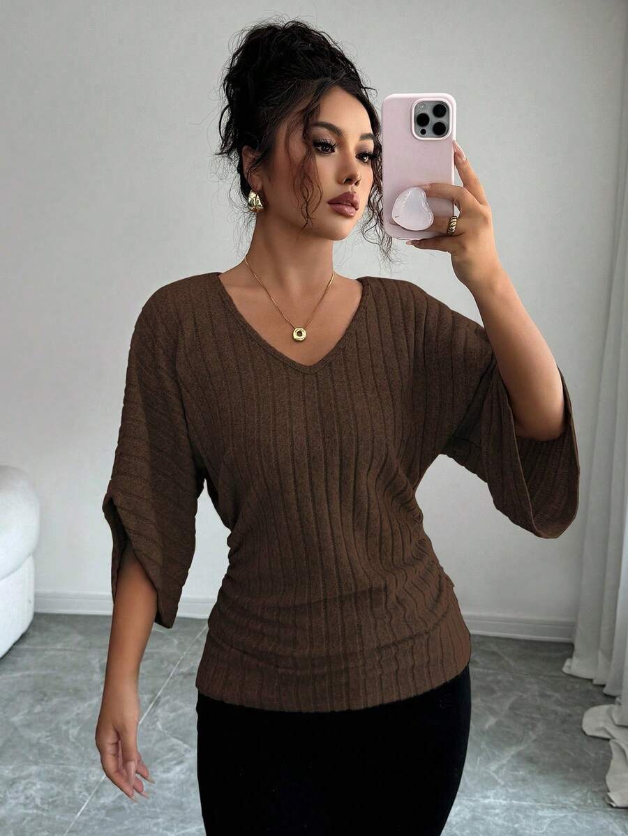 Selianne Women's Comfortable Casual V-Neck Ruffle Batwing Sleeve Solid Color Brushed Rib T-Shirt - Brown - View 1