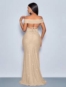 SOLERSUN 适合圣诞派对度假和约会优雅的勃艮第优雅扭曲露肩露背肩带高开叉美人鱼连衣裙，带有金属光泽的超长女士服装 - 杏色 - 查看 2