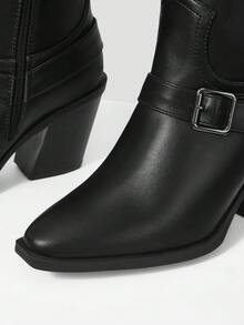 MOTF Botas de tobillo con tacón grueso, hebilla cuadrada, rayas, parches y suela de ante sintético negro, cómodas y de moda para el transporte diario - Negro - Ver 6