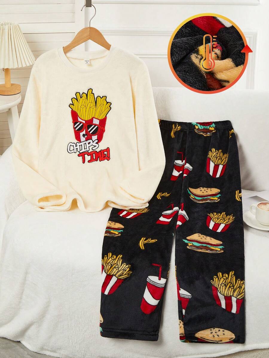 Teenage Boys' Popular French Fries Embroidered Long Sleeve Top Paired With Black Background Hamburger, French Fries, Soda Element Pattern Plush Long Pants Casual Pajama Set, Suitable For Autumn/Winter