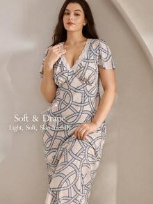 Ocili Plus Size Comfortable Cotton Printed Casual Soft Abstract Chain Chic Autumn Easy Comfort Sleepwear - Khaki - View 1