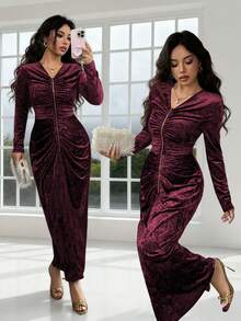 SHEIN Elenzya Đầm dài tay cổ chữ V thanh lịch dành cho nữ với họa tiết khóa kéo nhún bèo không đều, thiết kế cao cấp, thích hợp cho sinh nhật, hẹn hò, tiệc tùng, dạ tiệc, lễ hội âm nhạc, tiệc chiêu đãi - Màu đỏ tím - Xem 7