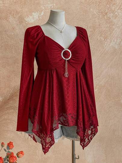 Dreamara Women's Plus Size Asymmetric Hem Sweetheart Neck Long Sleeve Fashion T-Shirt