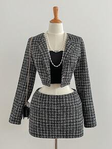SHEIN Unity Women's Black And White Plaid Tweed 2 Pieces Set,Autumn Elegent Office Short Jacket & Low Waist A-Line Skirt,Metal Button Round Neck Fashion Suit - Black - View 7