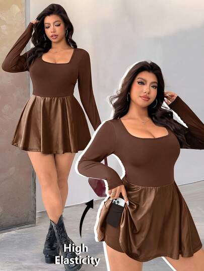 SHEIN EZwear 女式加大码方领插肩袖荷叶边下摆巧克力棕色休闲连体裤