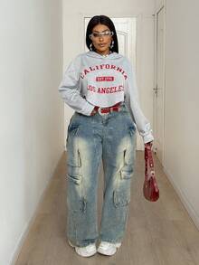 Maweii Sweat-shirt-shirt court sexy pour femmes, imprimé de lettres, grande taille, rouge de Noël, tenue de fête, printemps/automne - Gris - Voir 4