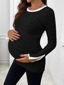 SHEIN Casual Comfortable Fitted Everyday Maternity Long Sleeve T-Shirt Pregnant Clothes Pregnant Outfits Pregnancy Shirts Maternity Clothes Fall Winter Maternity Shirt - Black - View 3