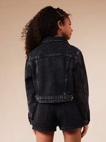 SUMWON Rhinestone Embellished Cropped Denim Jacket With Button Front Closure And Chest Pockets - Black - View 2
