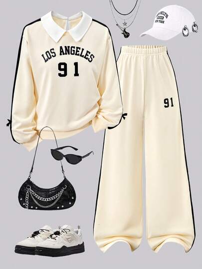 SHEIN ChillGRL 2pcs/Set Girls T-Shirt With Shirt Collar & Bow Tie Decor, Letter & Number Print + Loose Knit Wide Leg Pants, Casual School/Sports Outfit, Suitable For Spring/Autumn