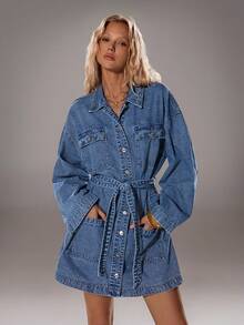TRNVIE Women's Drop Shoulder Long Sleeve Multi-Pocket Belted Casual Single-Breasted Denim Dress - Dark Wash - View 1