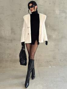 Firerie 女士优雅简约日常通勤休闲街头时尚都市时尚翻领双排扣蓬松保暖白色外套 - 白色 - 查看 8