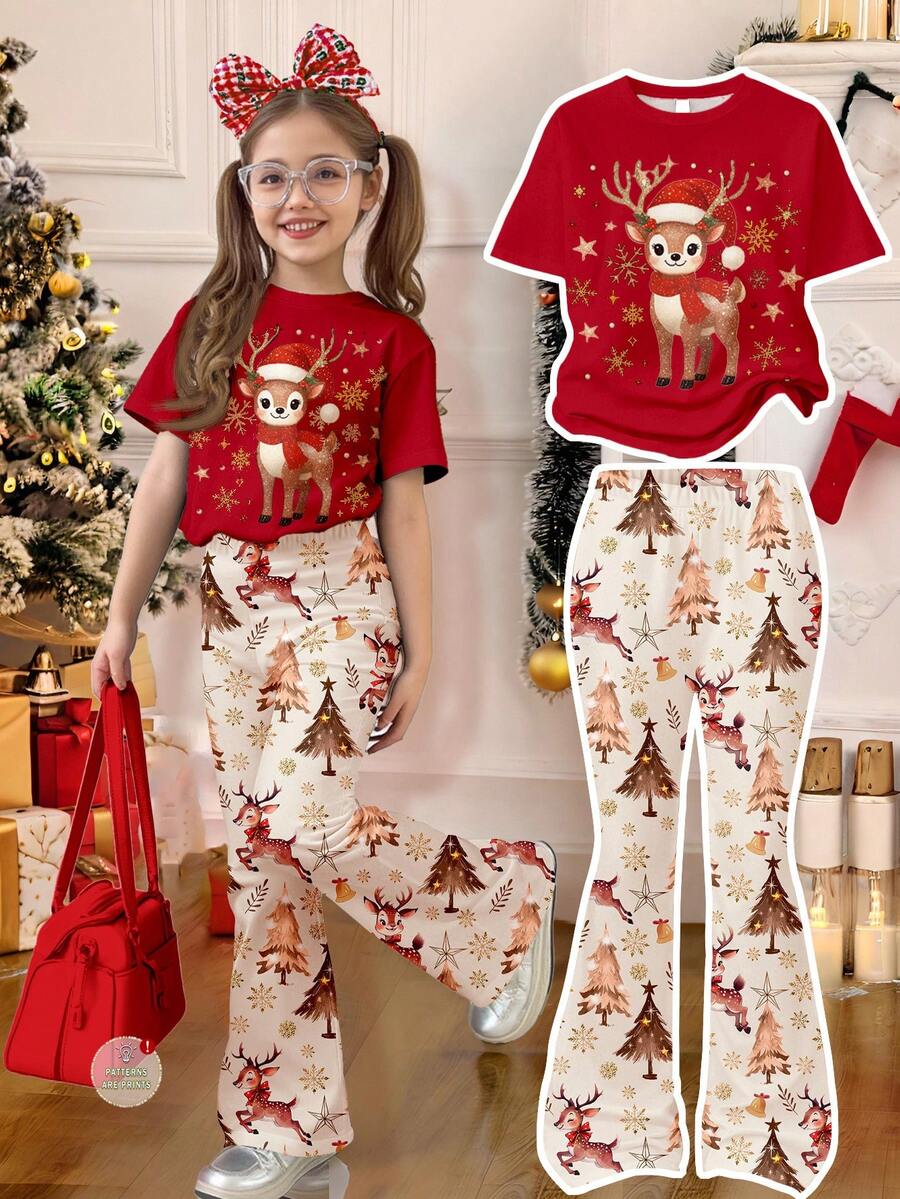 Young Girl Christmas Tree&Reindeer Print Casual T-Shirt&Flare Pants Set,Cute Fairy Tale Glitter Snowflake Summer Family Matching Minimalist Outfit - Multicolor - View 1