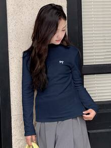 DAZY 少女圆领针织保暖内衬蝴蝶印花T恤，秋季长袖上衣 - 藏蓝色 - 查看 1