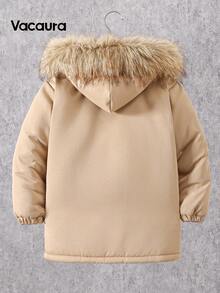 SHEIN Vacaura 男童拉链保暖连帽休闲冬季外套 - 卡其色 - 查看 2
