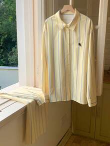 Comfortcana 两件套休闲通勤条纹衬衫和裤子 - 黃色 - 查看 3