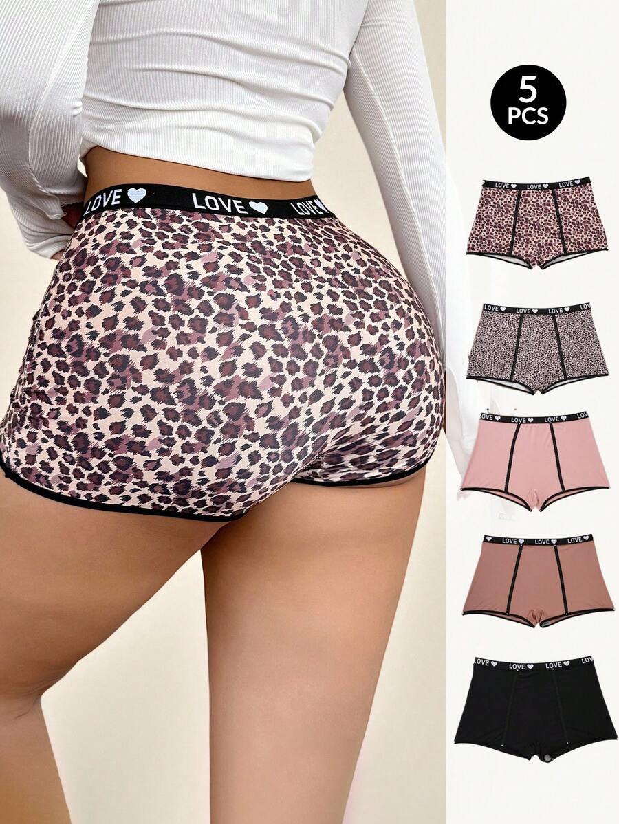 5pcs/Pack Plus Size Fashionable Leopard Print Boxer Briefs - Multicolor - View 1
