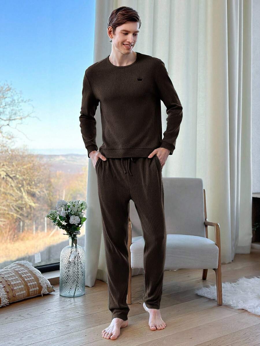 EURMUSE Cotton Men'S Ribbed Knit Homewear Set - Brown - View 1