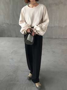 FRIFUL 女士休闲纯色荷叶边长袖T恤 - 杏色 - 查看 5