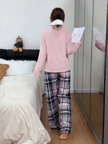 SHEIN Women's Flannel Plaid Pajama Set, Fluffy Winter Clothes - Pink - View 3