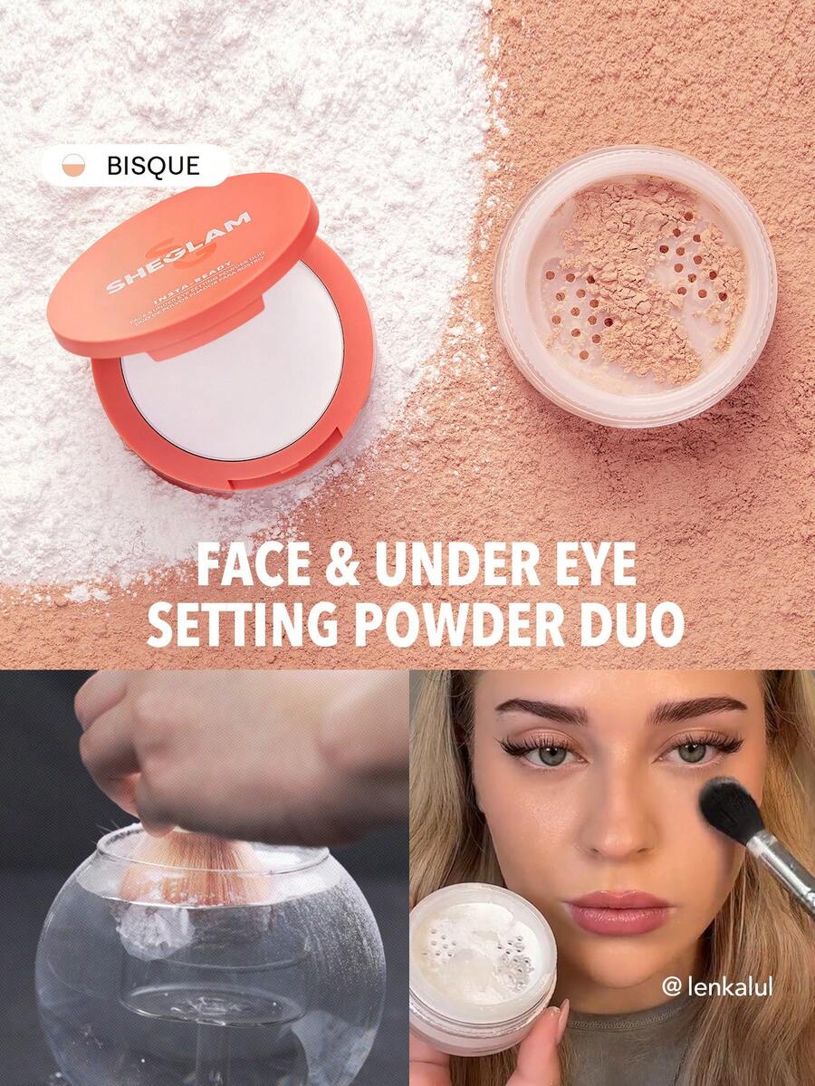 SHEGLAM Insta-Ready Face & Under Eye Setting Powder Duo-Bisque 2 In 1 Brightening Loose Setting Powder Matte Pore-Less Waterproof Powder Face Makeup Powder Brand Beauty Makeup Face Paint Cosmetic For Women Girls Perfect For Spring Summer Ideal For Y2K Fancy Fashion Suitable For Birthday Mother'S Day Gift Rave Festival Party Ready Best Color