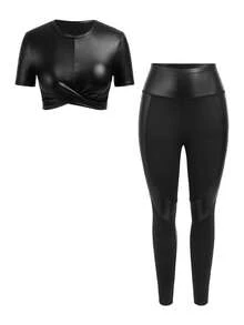 Innovista Bộ đồ khiêu vũ Latin dành cho nữ, áo crop top ngắn tay màu trơn và quần dài. Bộ đồ thể thao hai mảnh ánh kim sang trọng dành cho nữ - áo crop top bằng da mềm mại và quần legging cạp cao. Độ co giãn cao, thoáng khí, thích hợp cho phòng tập gym, yoga, tập luyện cường độ cao ngắt quãng (HIIT), pilates và tập luyện ngoài trời. Thiết kế tinh tế, màu sắc tự nhiên lấp lánh. Trang phục thể thao đa năng, bóng bẩy, phong cách tiện dụng. - màu đen - Xem 14