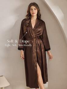 Ocili Satin Jacquard Simple Comfortable Draping Satin Paisley Cashew Flower Comfortable Robe With Slit, Women Sleepwear Robe, Winter - Khaki - View 1