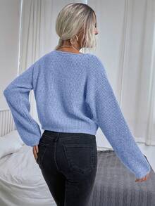 EMERY ROSE Women Casual Solid Color Dropped Shoulder Loose Ribbed Knit Pullover Sweater Gray Sweatergrey Jumper - Blue - View 2